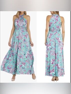 NWT R&M Richards Floral Cross Over Halter Dress In Jade/pink Retail $129